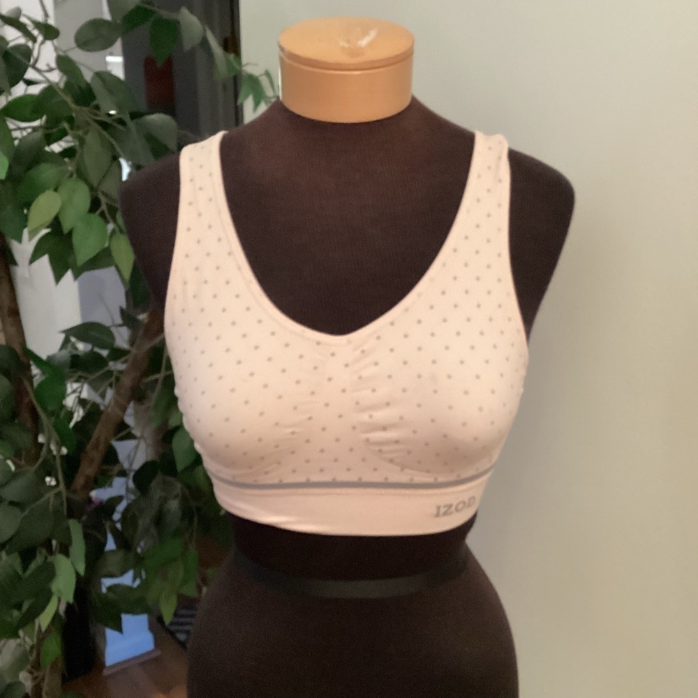 IZOD sport bra Woman’s medium pink with gray polka dots pullover great s…